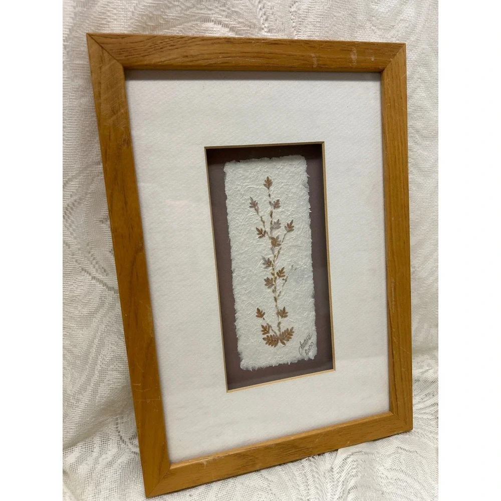 Vintage Signed Pressed Botanical Leaf Art Framed Handmade Paper 2000 12x8.5in